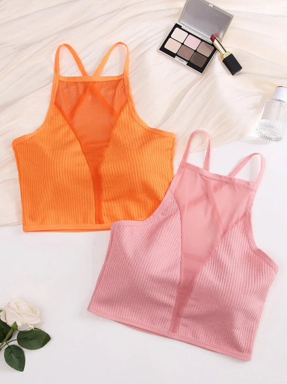 Women'S 2Pcs Solid Contrast Mesh Sheer Criss Cross Backless Lingerie Top, Casual Breathable Comfortable Crop Cami Top for Daily Wear, Ladies Lingerie for All Seasons