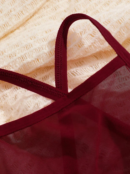 Women'S 2Pcs Solid Contrast Mesh Sheer Criss Cross Backless Lingerie Top, Casual Breathable Comfortable Crop Cami Top for Daily Wear, Ladies Lingerie for All Seasons