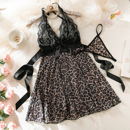 Sexy Lingerie for Women Slim Fit Deep V Neck Strapless Dress with Soft Stretch Lace Trim Leopard Mesh Bow Details Translucent Shaping Nightgown Set Elegant Sleeping Experience