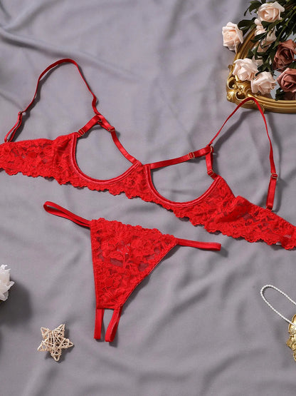 Women'S Floral Lace Sexy Lingerie Underwear Set, Sexy Cut Out Underwire Bra with Adjustable Straps & Open Crotch Design Thong Two-Piece Set, Lingerie Set for Women