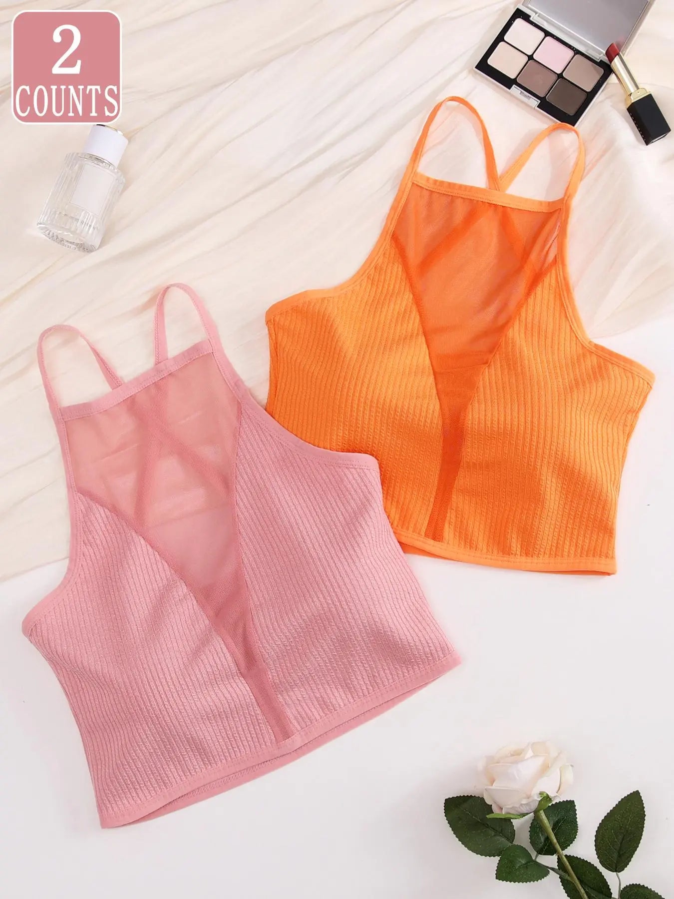 Women'S 2Pcs Solid Contrast Mesh Sheer Criss Cross Backless Lingerie Top, Casual Breathable Comfortable Crop Cami Top for Daily Wear, Ladies Lingerie for All Seasons