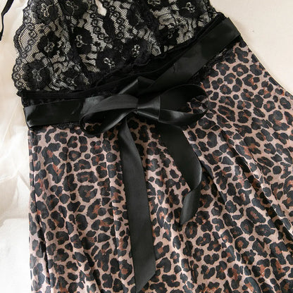 Sexy Lingerie for Women Slim Fit Deep V Neck Strapless Dress with Soft Stretch Lace Trim Leopard Mesh Bow Details Translucent Shaping Nightgown Set Elegant Sleeping Experience