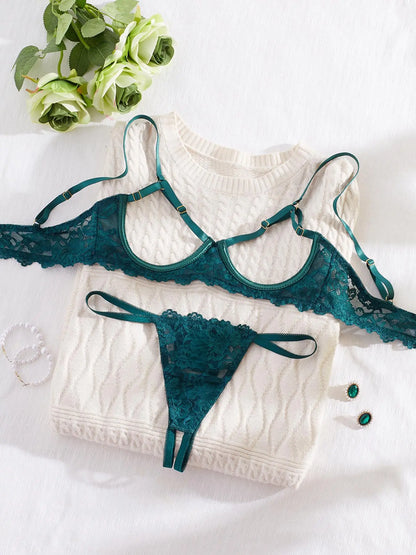 Women'S Floral Lace Sexy Lingerie Underwear Set, Sexy Cut Out Underwire Bra with Adjustable Straps & Open Crotch Design Thong Two-Piece Set, Lingerie Set for Women