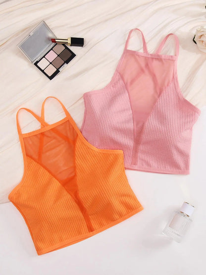 Women'S 2Pcs Solid Contrast Mesh Sheer Criss Cross Backless Lingerie Top, Casual Breathable Comfortable Crop Cami Top for Daily Wear, Ladies Lingerie for All Seasons
