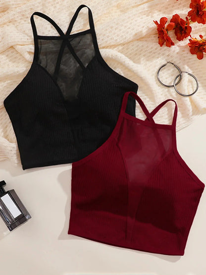 Women'S 2Pcs Solid Contrast Mesh Sheer Criss Cross Backless Lingerie Top, Casual Breathable Comfortable Crop Cami Top for Daily Wear, Ladies Lingerie for All Seasons
