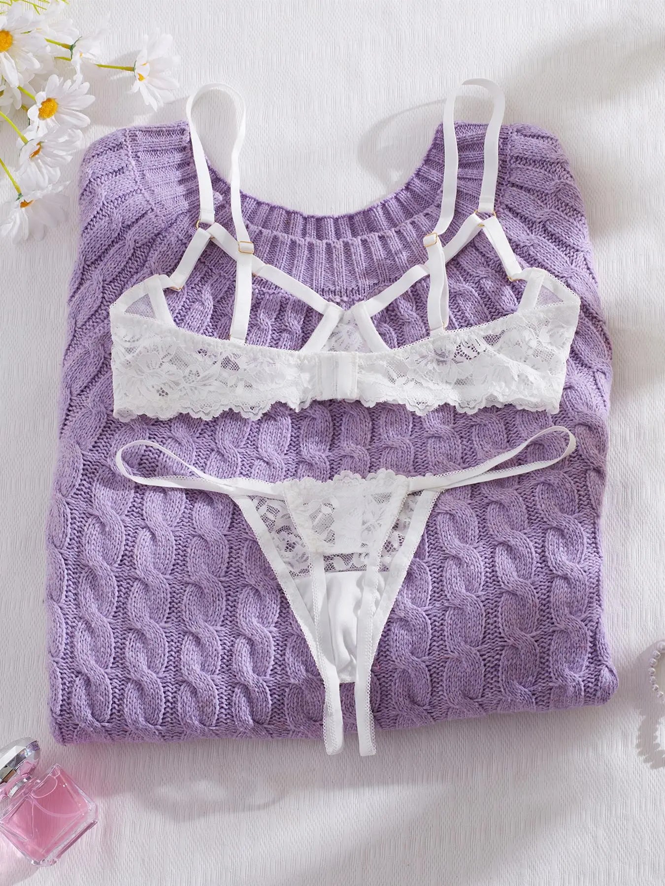 Women'S Floral Lace Sexy Lingerie Underwear Set, Sexy Cut Out Underwire Bra with Adjustable Straps & Open Crotch Design Thong Two-Piece Set, Lingerie Set for Women