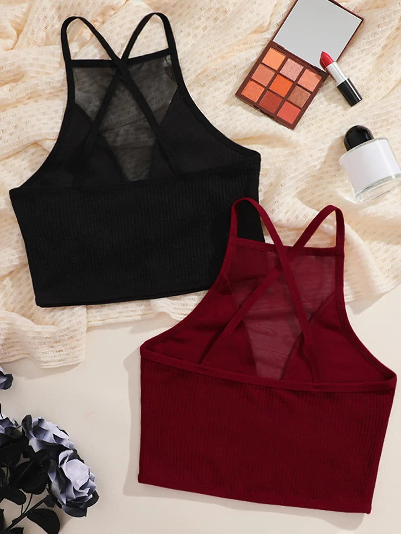 Women'S 2Pcs Solid Contrast Mesh Sheer Criss Cross Backless Lingerie Top, Casual Breathable Comfortable Crop Cami Top for Daily Wear, Ladies Lingerie for All Seasons