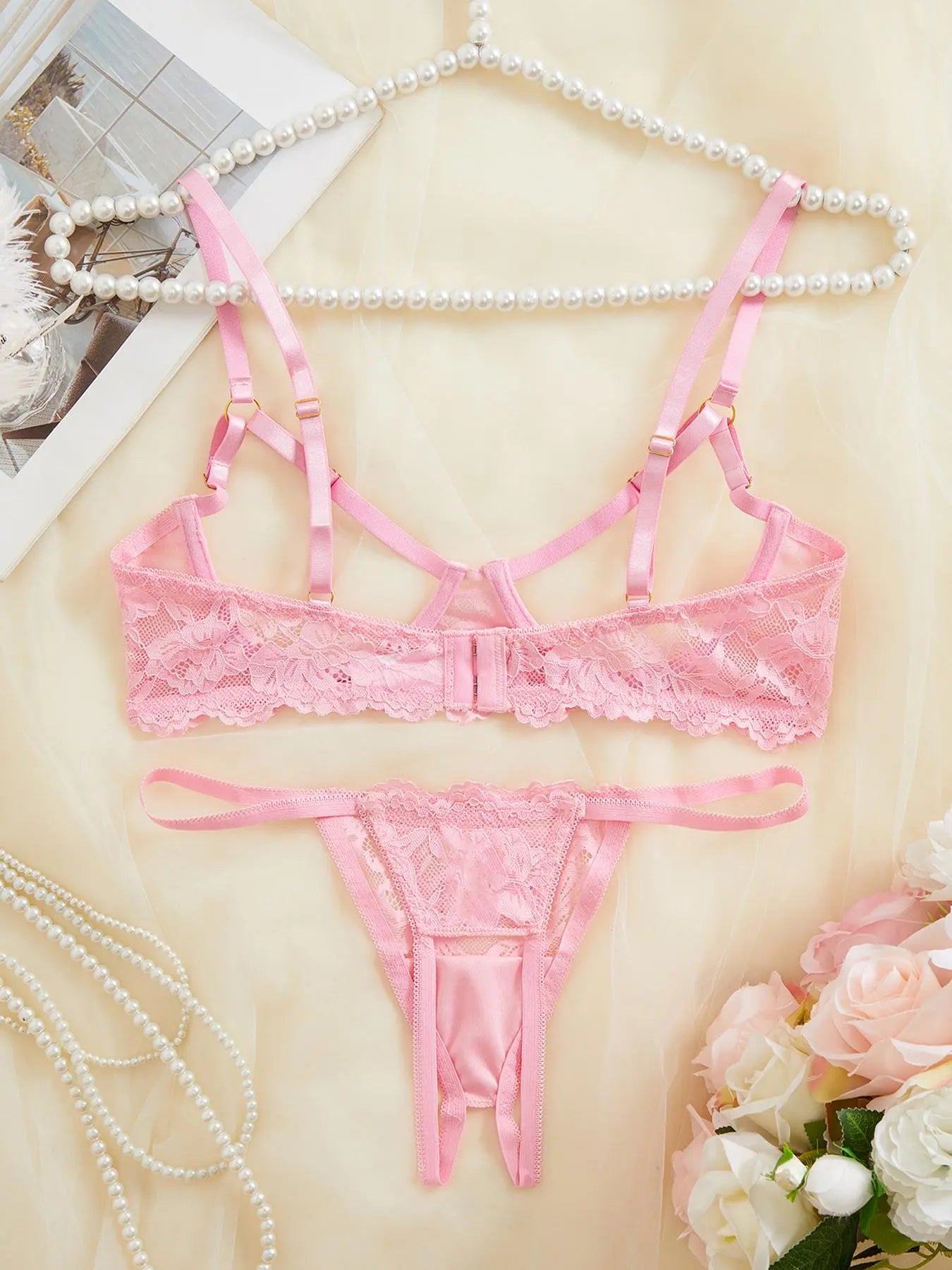 Women'S Floral Lace Sexy Lingerie Underwear Set, Sexy Cut Out Underwire Bra with Adjustable Straps & Open Crotch Design Thong Two-Piece Set, Lingerie Set for Women