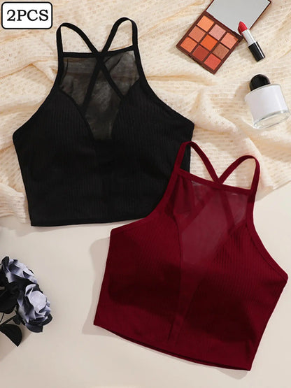 Women'S 2Pcs Solid Contrast Mesh Sheer Criss Cross Backless Lingerie Top, Casual Breathable Comfortable Crop Cami Top for Daily Wear, Ladies Lingerie for All Seasons