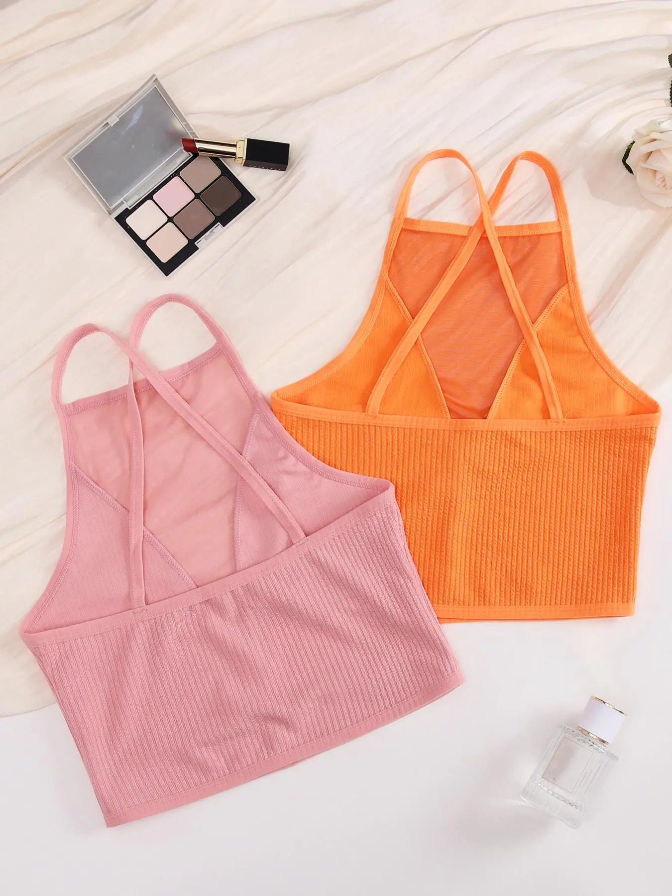 Women'S 2Pcs Solid Contrast Mesh Sheer Criss Cross Backless Lingerie Top, Casual Breathable Comfortable Crop Cami Top for Daily Wear, Ladies Lingerie for All Seasons