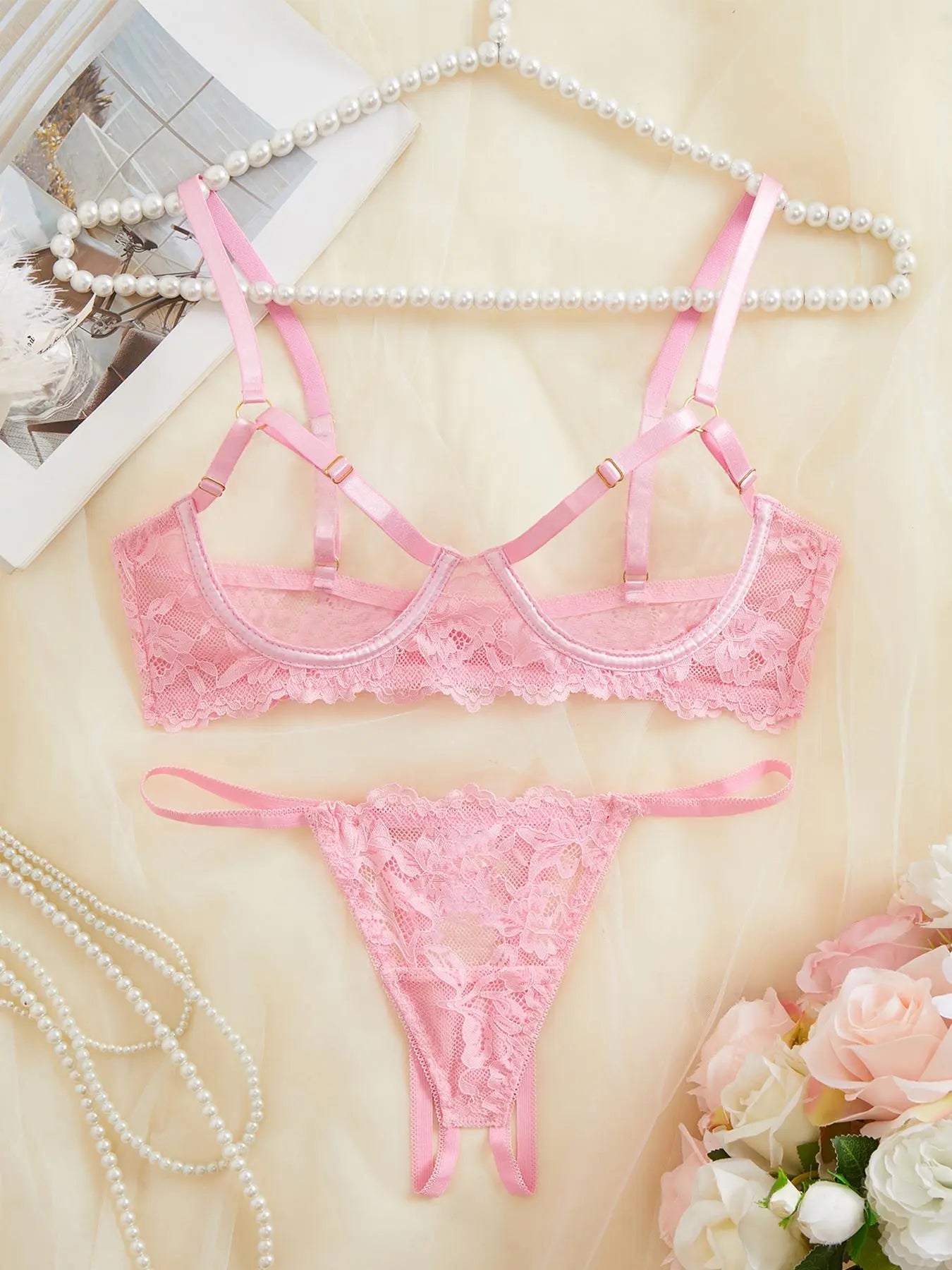 Women'S Floral Lace Sexy Lingerie Underwear Set, Sexy Cut Out Underwire Bra with Adjustable Straps & Open Crotch Design Thong Two-Piece Set, Lingerie Set for Women